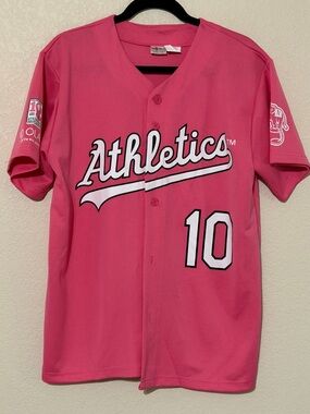 Oakland A’s 2008 Pink Breast Cancer Awareness Button Up Baseball Jersey -Size L